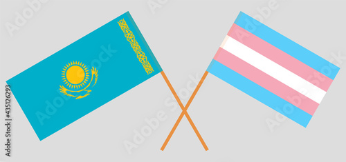 Crossed flags of Kazakhstan and Transgender Pride. Official colors. Correct proportion