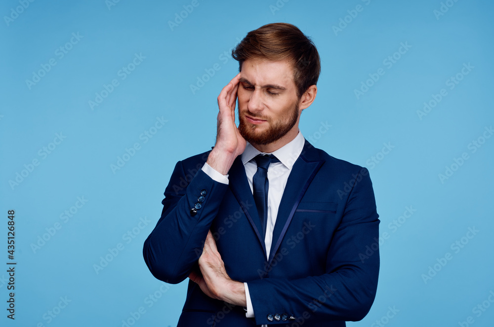 business man in suit holding hand on head cropped view blue background manager business man in suit holding hand on head cropped view blue background manager