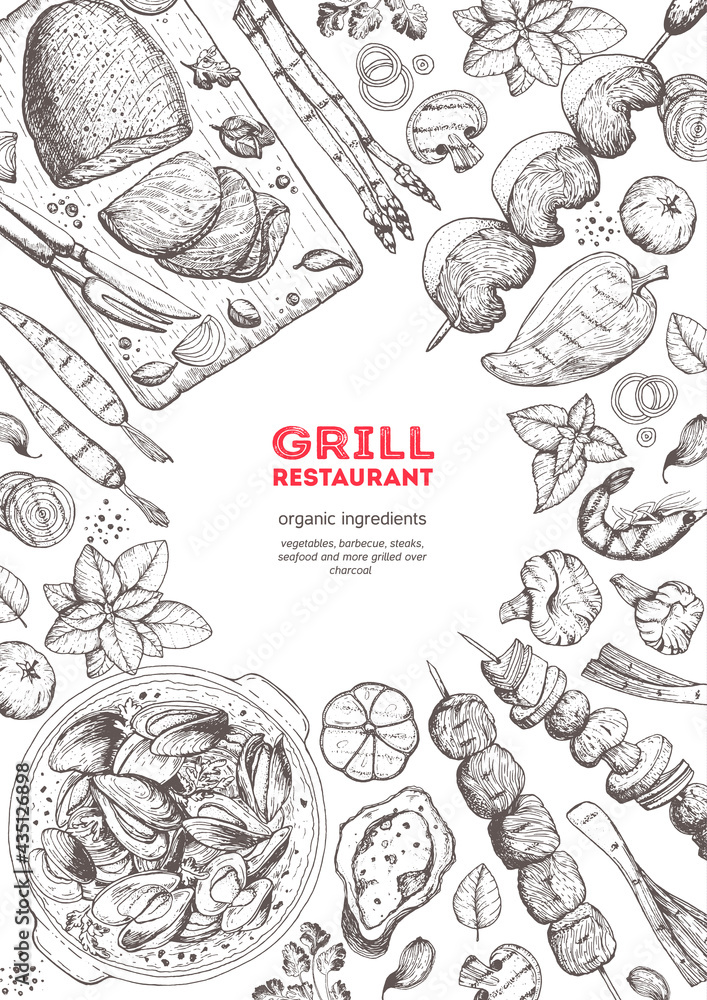 Grilled meat and vegetables top view frame. Vector illustration. Engraved design. Hand drawn illustration. Grill restaurant menu design template.