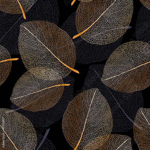 Luxury golden seamless abstract background with veined leaves.