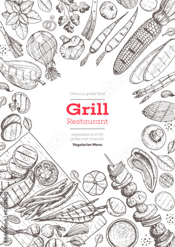 Grill menu design template. Grilled vegetables top view frame  vegetarian cuisine. Vector illustration. Engraved design. Hand drawn illustration. Food on the grill.