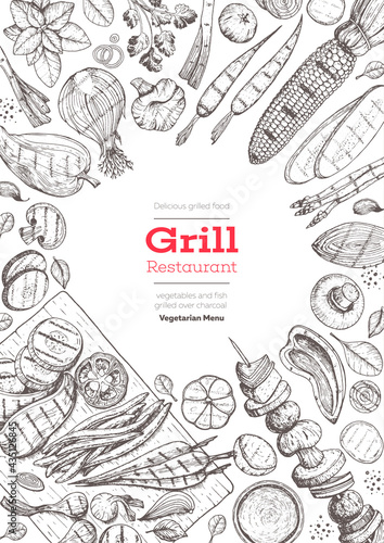 Grill menu design template. Grilled vegetables top view frame, vegetarian cuisine. Vector illustration. Engraved design. Hand drawn illustration. Food on the grill.
