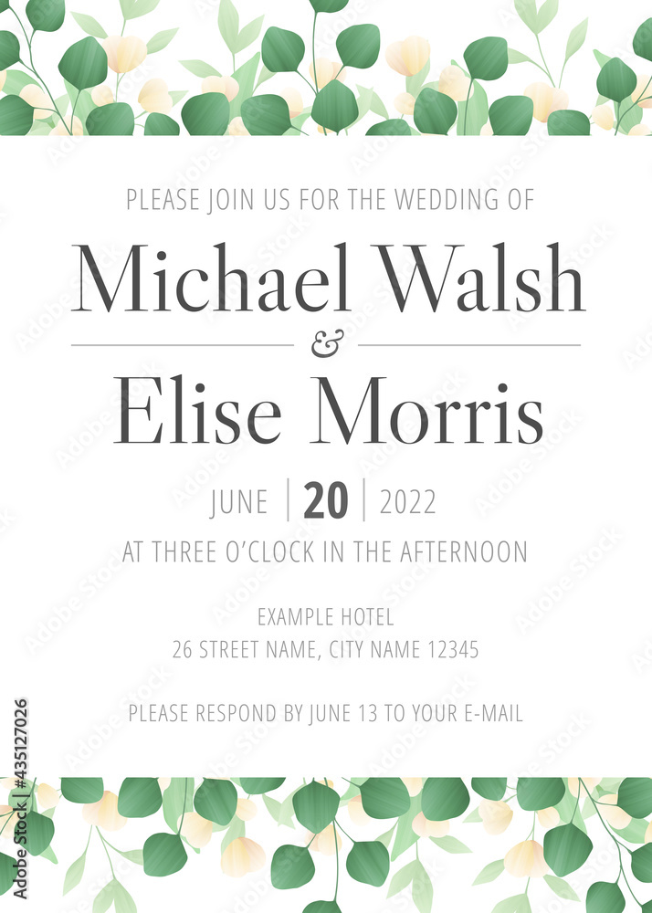 Wedding invitation with leaves and white flowers. The font names are listed in the eps metadata description.