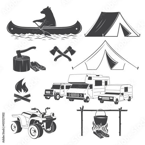 Set of Hiking and Camping icons isolated on the white background. Vector. Set include car, quad bike, kayak, pot on the fire, axe, bear, tent, campfire, canoe silhouette