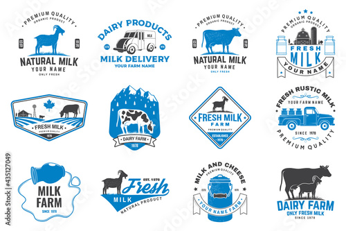 Fresh rustic milk badge, logo. Vector. Typography design with cow, milk farm, truck silhouette. Template for dairy and milk farm business - shop, market, packaging and menu