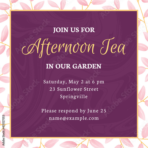 Purple, square shaped afternoon tea invitation with pink flowers in the background. The font names are listed in the eps metadata description.