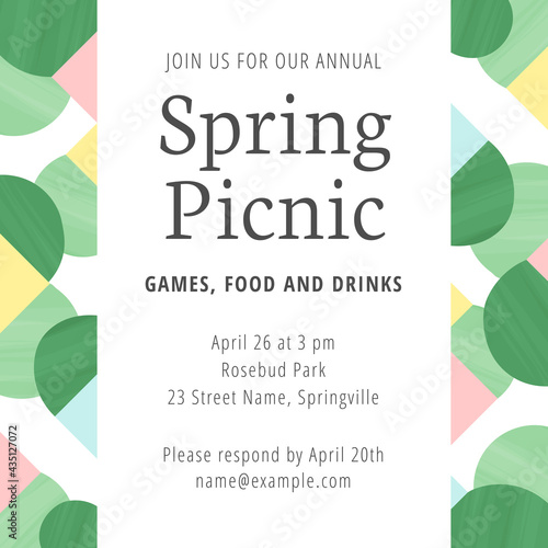 Square shaped invitation with geometrical shapes in green, pink and yellow. The font names are listed in the eps metadata description.