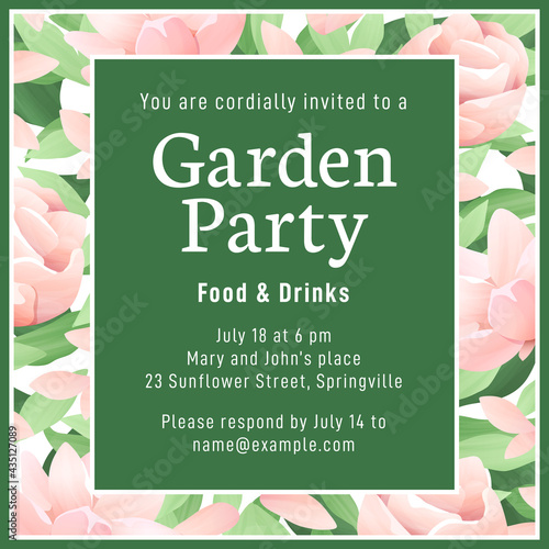 Summery square shaped invitation with pink flowers. The font names are listed in the eps metadata description.