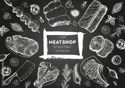 Meat top view frame. Vector illustration. Engraved design. Hand drawn illustration. Pieces of meat design template.