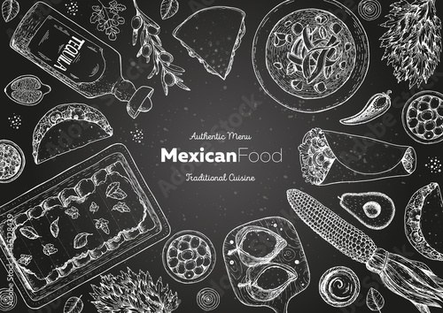 Mexican food top view frame. A set of mexican dishes with enchiladas, burritos, tortilla soup, poblanos, tacos. Food menu design template. Vintage hand drawn sketch vector illustration.Mexican cuisine