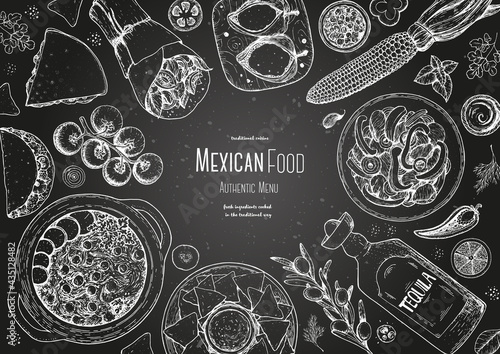 Mexican food top view frame. A set of mexican dishes with pozole, quesadillas, tacos, burrito. Food menu design template. Vintage hand drawn sketch vector illustration. Mexican cuisine engraved image.