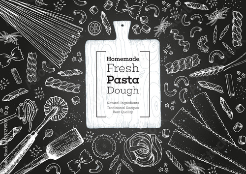 Italian pasta set. Hand drawn vector illustration. Collection of pasta different types. Italian food design template. Engraved sketch style.