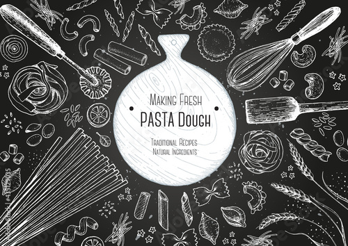 Italian pasta top view frame. Hand drawn vector illustration. Collection of pasta different types. Italian food design template. Engraved sketch style.