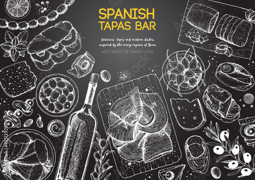 Spanish cuisine top view frame. A set of spanish dishes with hamon, tapas, bocadillo, mojama, sausages, snack . Food menu design template. Vintage hand drawn sketch vector illustration. Engraved image