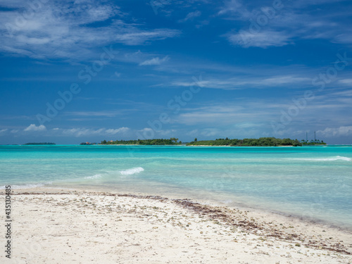 Maldives tropical islands panoramic scene, idyllic beach palm tree vegetation and clear water Indian ocean sea, tourist resort holiday vacation