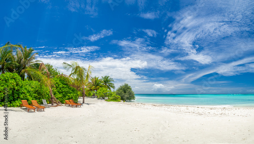 Fototapeta Naklejka Na Ścianę i Meble -  Maldives tropical islands panoramic scene, idyllic beach palm tree vegetation and clear water Indian ocean sea, tourist resort holiday vacation