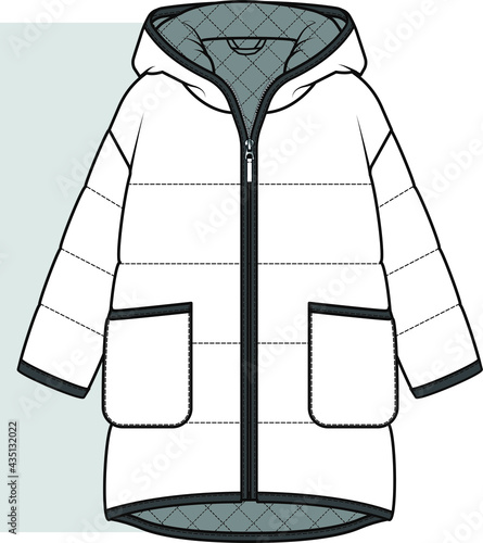 COAT, Fashion flat sketch. Technical drawing APPAREL template. Hooded coat flat drawing for kids