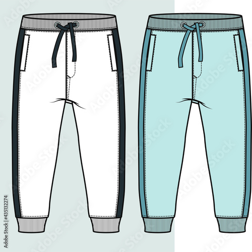 Sweatpants drawing. Sweatpants fashion flat sketches. Apparel template. JOGGING PANTS fashion flat sketch, apparel template. High-waisted pants with adjustable drawstring elastic waistband.