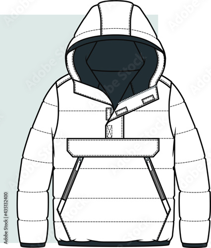 COAT, Fashion flat sketch. Technical drawing APPAREL template. Hooded coat flat drawing for kids