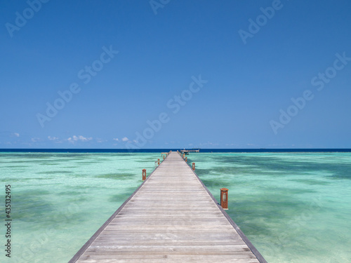 Maldives tropical islands panoramic scene, idyllic beach palm tree vegetation and clear water Indian ocean sea, tourist resort holiday vacation