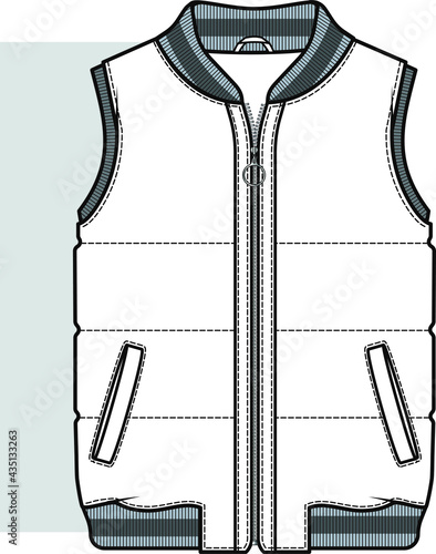 Vest jacket template. Zip-up vest flat sketch for kids. Quilted puffy vest vector. 