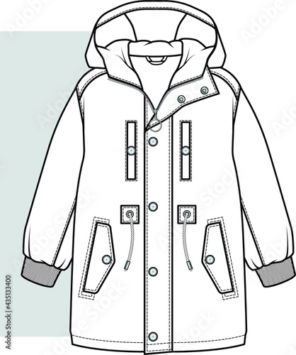 COAT, Fashion flat sketch. Technical drawing APPAREL template. Hooded coat flat drawing for kids