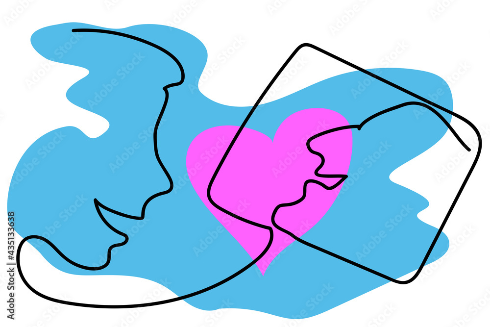 An abstract image of young and old communication via the Internet. Black simple continuous line drawing on a background of pink hearts and blue spots on white.