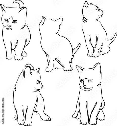 Line art Illustration happy kitten set monoline. Vector illustration