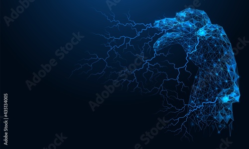 Electricity coming from the fingers of the hand. Polygonal construction of lines and points. Blue background.
