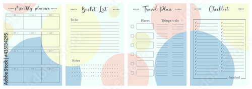 Set of minimalist planners. Daily, weekly, monthly planner template. Blank white notebook page isolated on grey. Business organizer page. Paper sheet. Realistic vector illustration.