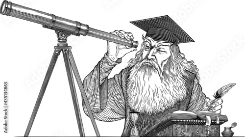 Leinwand Poster Black and white vector drawing of of an ancient astronomer looking to telescope