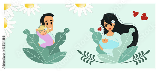 Happy parents. Mom with son and dad with daughter. Decorative banner  postcard  background with hearts and daisies for the Day of family  love and fidelity. Vector illustration on a light background