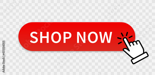 Shop now red button with hand cursor. Buy now hand pointer clicking. Click here banner with shadow. Click button isolated. Online shopping. Vector illustration.