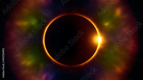 Outer space background with solar eclipse in deep space. Colorful rainbow nebula