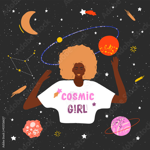 The concept of spirituality and mental health. Beautiful black woman on a cosmic background. Space illustration for printing on a T shirt, postcard, pillow, poster, textile and more. Hand drawn style.