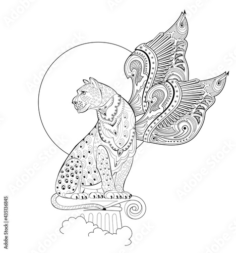 Illustration of magic fairyland griffin from ancient legend. Mythological warlike animal with wings. Black and white page for coloring book. Print for logo or tattoo. Sheet for drawing and meditation.