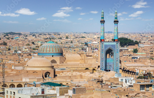 The aerial view of the Jameh Mosque of Yazd is crowned by a pair of minarets, the highest in Iran, 52 meters in height and 6 meters in diameter.