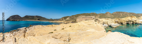 Panoramic of Rodalquilar beach in Cabo de Gata on a beautiful summer day, Almería. Mediterranean sea, spain