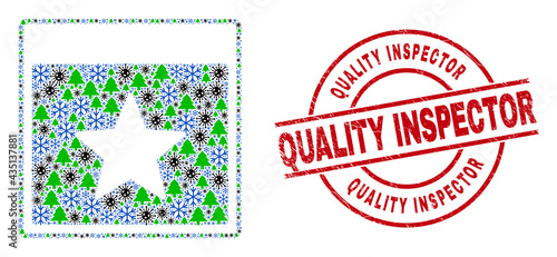 Winter viral composition star calendar page, and grunge Quality Inspector red round stamp imitation. Collage star calendar page is formed from flu virus, fir-tree, and snowflake items.