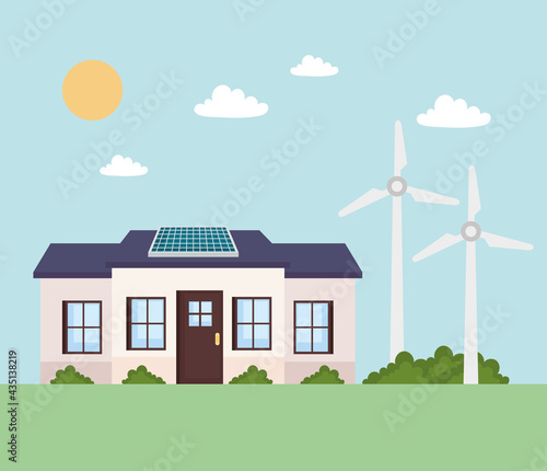 Solar panel on house with wind mills