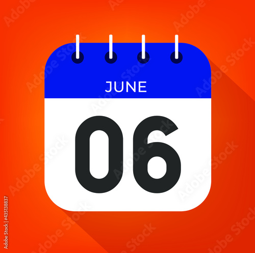 June day 6. Number six on a white paper with blue color border on a orange background vector.