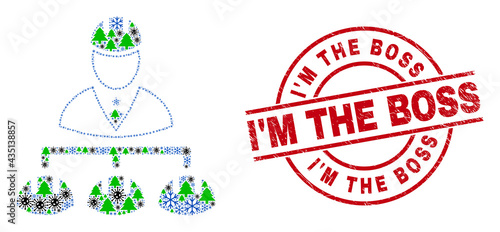 Winter Covid combination engineer hierarchy, and textured I'M the Boss red round stamp seal. Collage engineer hierarchy is constructed of infection, forest, and ice crystal items.