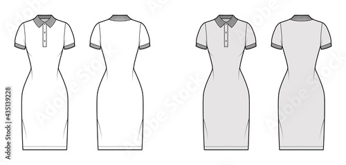 Dress polo fashion illustration with short sleeves, fitted body, knee length pencil skirt, henley neckline. Flat apparel front, back, white, grey color style. Women, men unisex CAD mockup