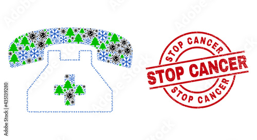 Winter Covid-2019 collage medical phone, and dirty Stop Cancer red round watermark. Mosaic medical phone is organized with Covid, fir-tree, and ice crystal icons.