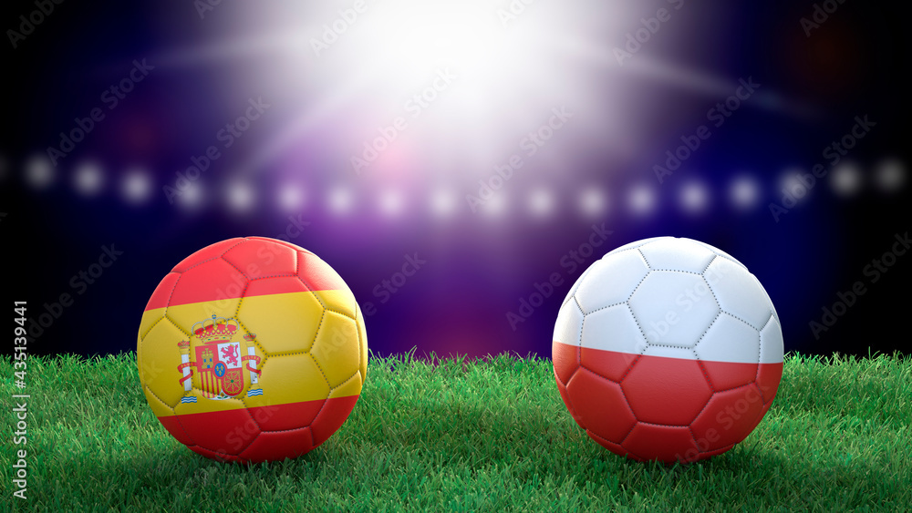 Fototapeta premium Two soccer balls in flags colors on stadium blurred background. Spain and Poland. 3d image