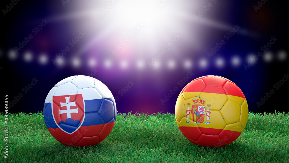 Fototapeta premium Two soccer balls in flags colors on stadium blurred background. Slovakia and Spain. 3d image