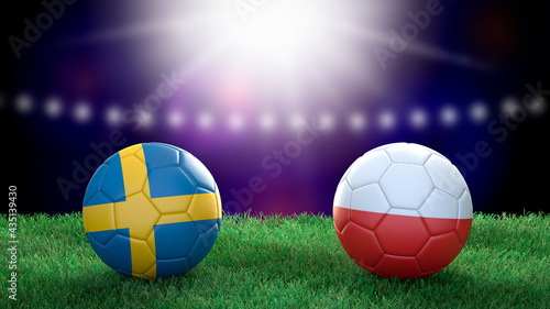 Two soccer balls in flags colors on stadium blurred background. Sweden and Poland. 3d image