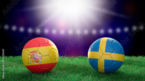 Two soccer balls in flags colors on stadium blurred background. Spain and Sweden. 3d image