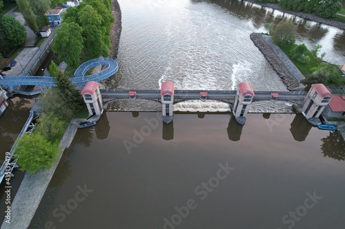 aerial landscape view Nymburk water power plant on Labe river photo