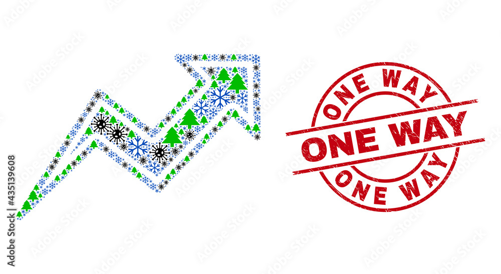 Winter Covid-2019 mosaic trend arrows, and One Way red round seal. Collage trend arrows is created from Covid, fir tree, and frost symbols. Red One Way seal uses circles and lines. Winter Covid-2019 mosaic trend arrows, and One Way red round seal. Collage trend arrows is created from Covid, fir tree, and frost symbols. Red One Way seal uses circles and lines.